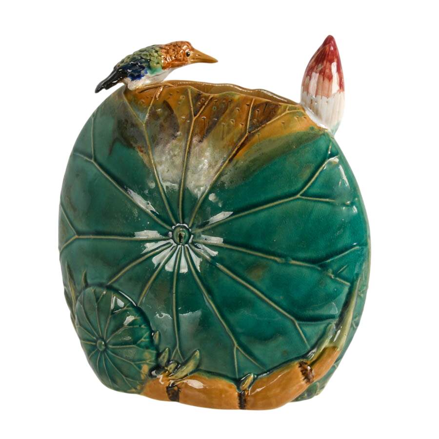 Majolica Kingfisher and Lily Pad Ceramic Vase-2
