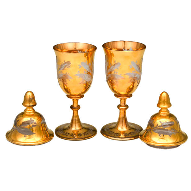 Pair of Footed Cut-to-Clear Gilt Bohemian Glass Urns-4