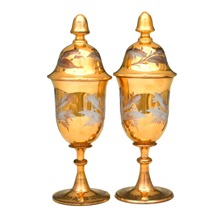Pair of Footed Cut-to-Clear Gilt Bohemian Glass Urns-3
