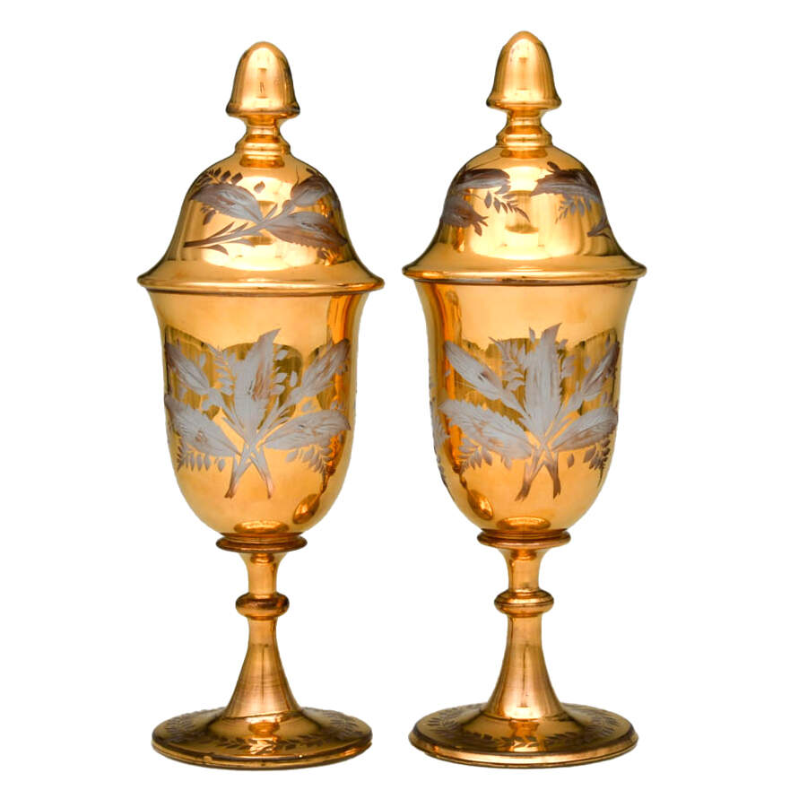 Pair of Footed Cut-to-Clear Gilt Bohemian Glass Urns-2