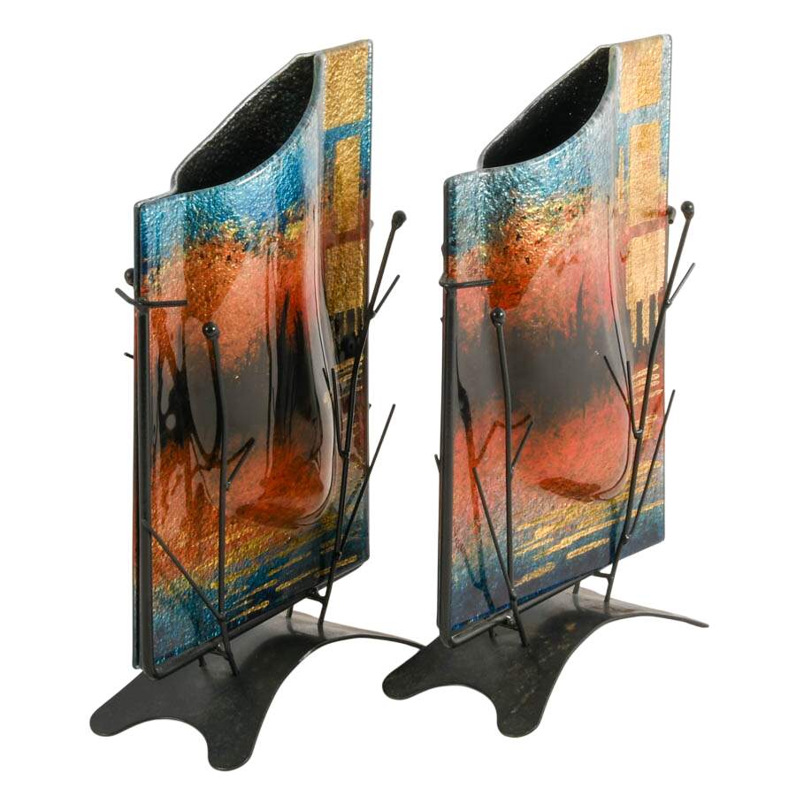 Pair of Jasmine Studios Art Glass Vases with Metal Stands by Benjamin Chang-5