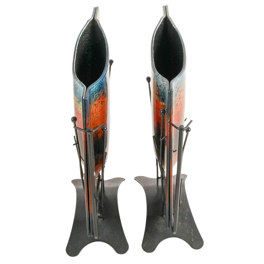 Pair of Jasmine Studios Art Glass Vases with Metal Stands by Benjamin Chang-4