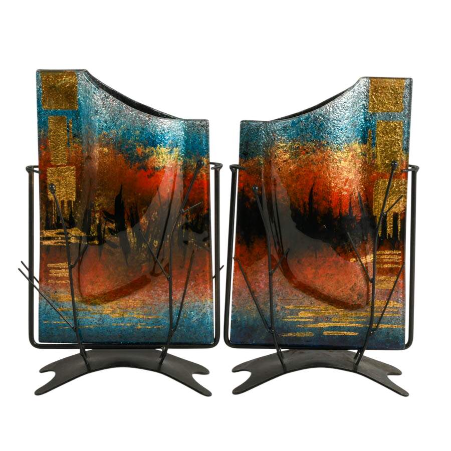 Pair of Jasmine Studios Art Glass Vases with Metal Stands by Benjamin Chang-1