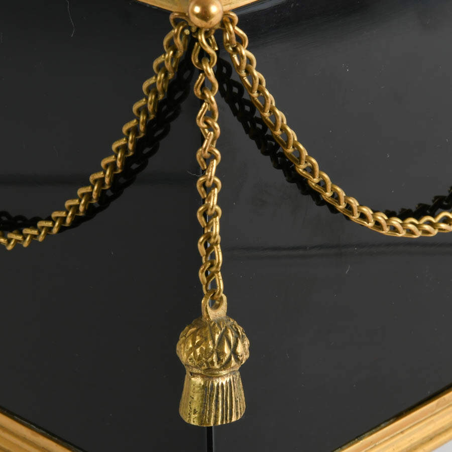 Footed Brass and Black Opaline Glass Cache Pot with Tassel Motif-3