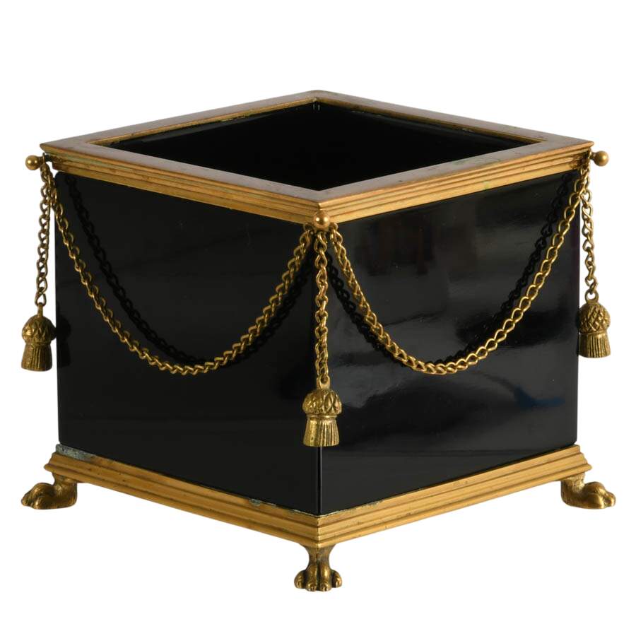 Footed Brass and Black Opaline Glass Cache Pot with Tassel Motif-1