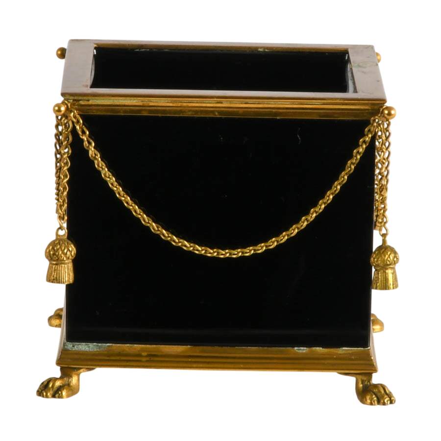 Footed Brass and Black Opaline Glass Cache Pot with Tassel Motif-2
