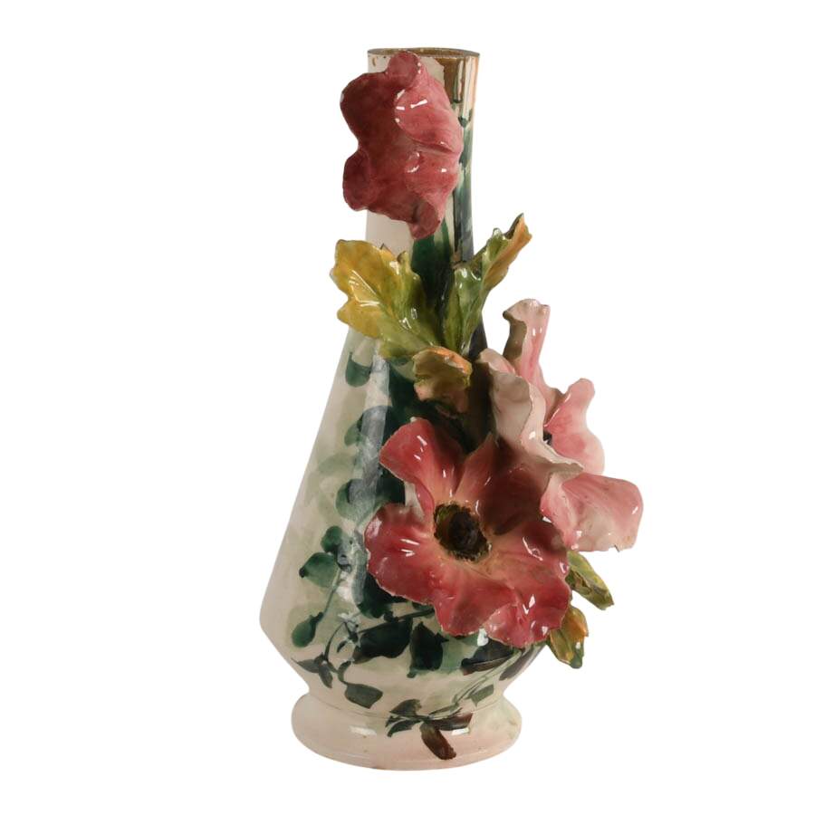 Hand-Painted Sculpted Floral Italian Majolica Vase-4