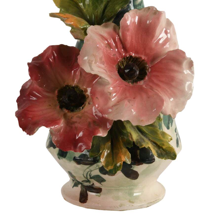Hand-Painted Sculpted Floral Italian Majolica Vase-3