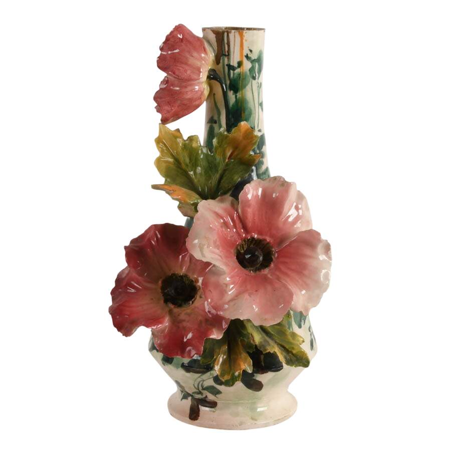 Hand-Painted Sculpted Floral Italian Majolica Vase-1