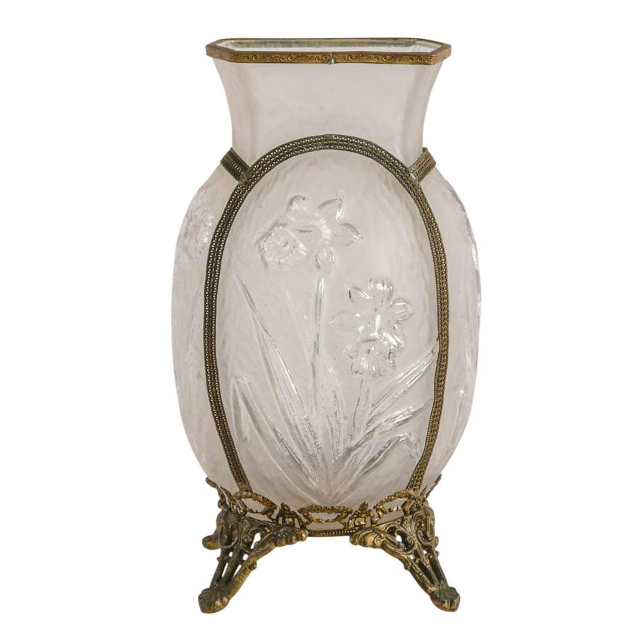 Tiffin Art Deco Floral Embossed Brass Filigree Vase-1