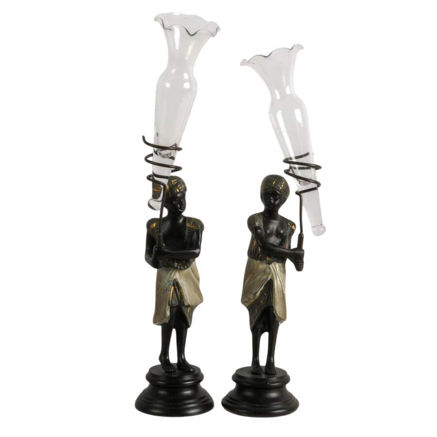 Pair of Nubian Bronze Figural Bud Vases-1