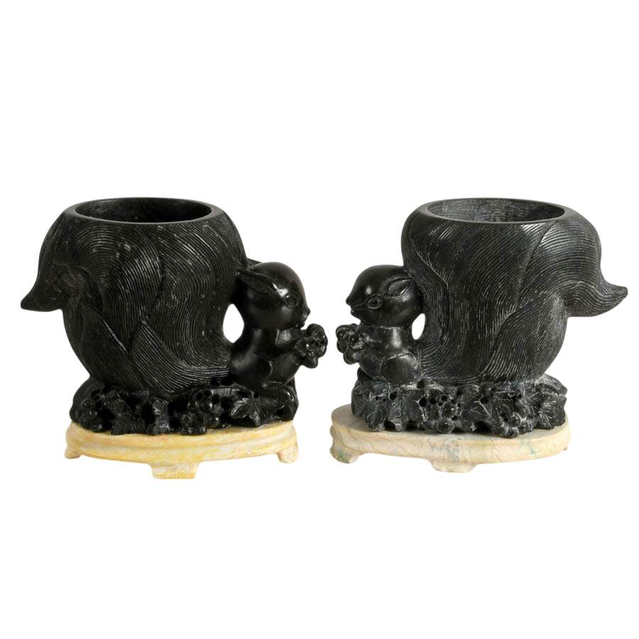 Pair of Carved Stone Squirrel Vases-4