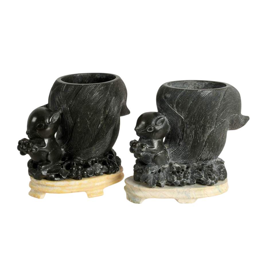 Pair of Carved Stone Squirrel Vases-2