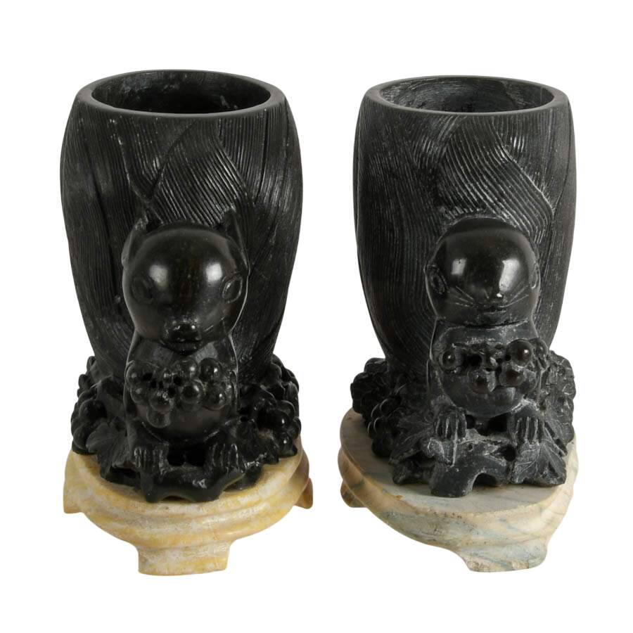 Pair of Carved Stone Squirrel Vases-1