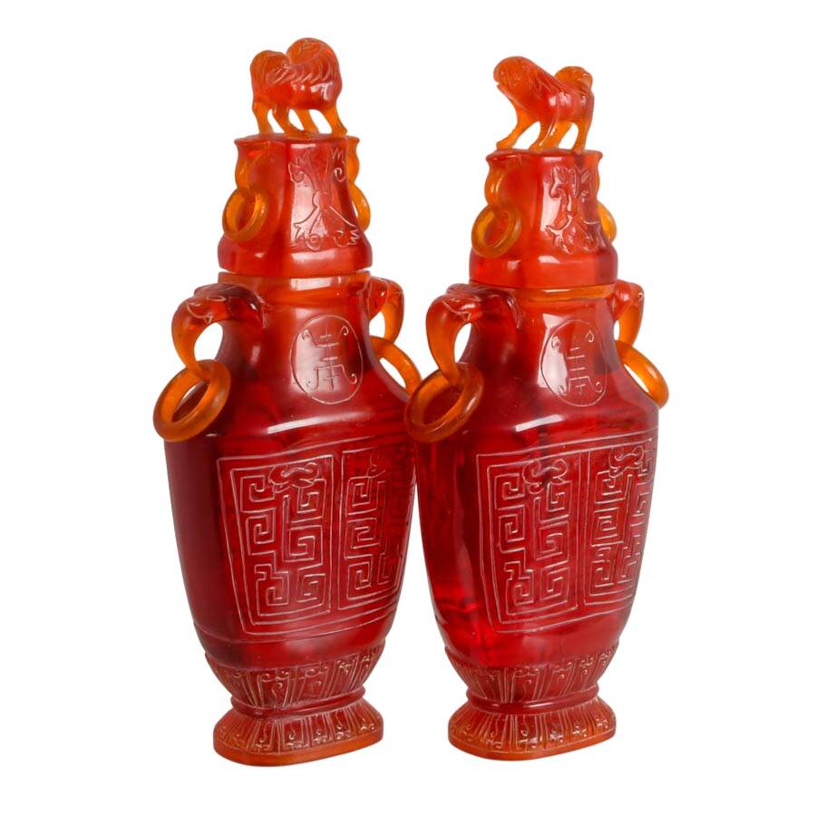 Pair of Chinese Cherry Resin Lidded Vases-15