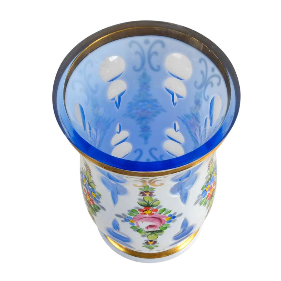 Antique Bohemian Hand-Painted Floral Glass Beaker Vase-5