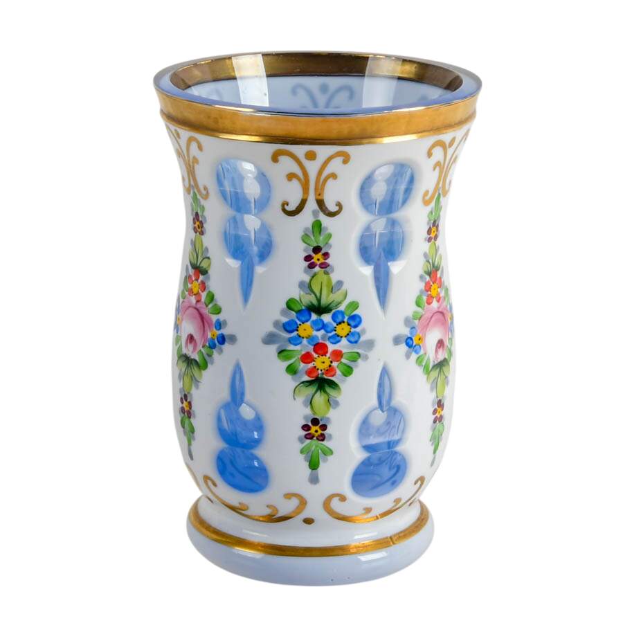 Antique Bohemian Hand-Painted Floral Glass Beaker Vase-1