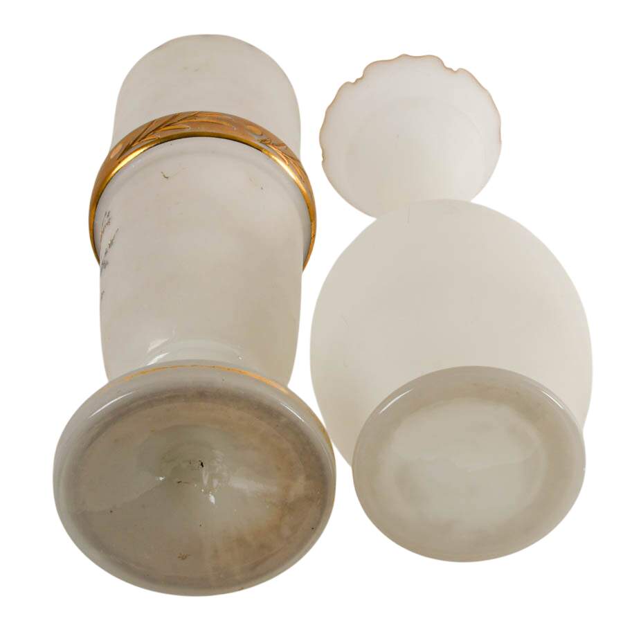 Antique Pair of Frosted Glass Vases Including a Hand-Painted Floral One-10