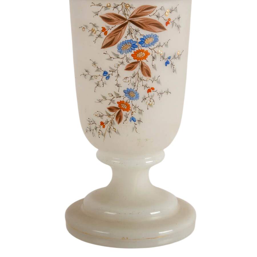 Antique Pair of Frosted Glass Vases Including a Hand-Painted Floral One-6