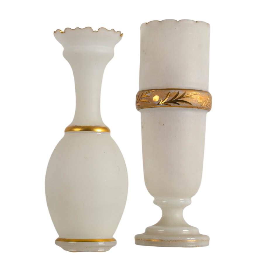 Antique Pair of Frosted Glass Vases Including a Hand-Painted Floral One-3