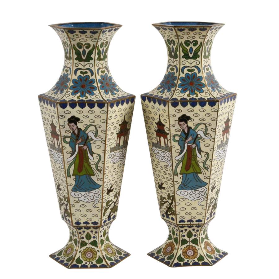 Pair of Chinese Hexagonal Cloisonné Vases-1