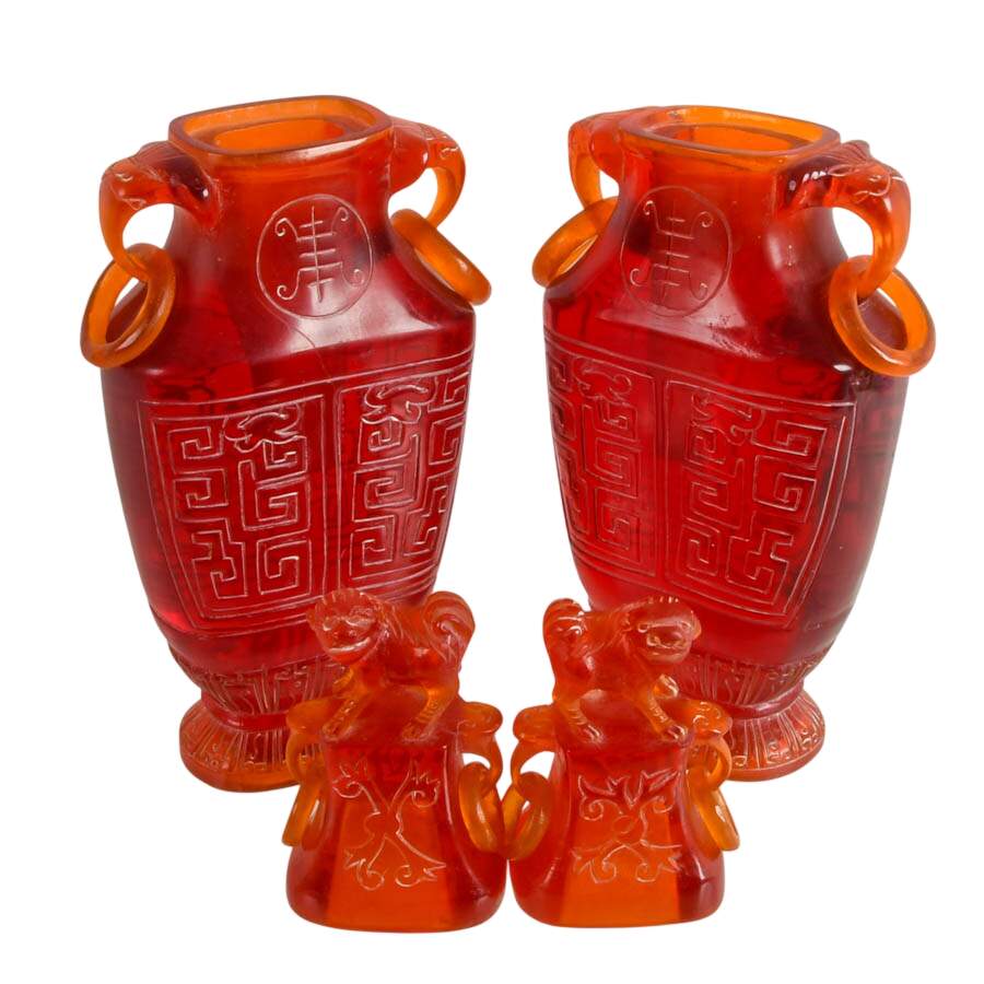 Pair of Chinese Cherry Resin Lidded Vases-9