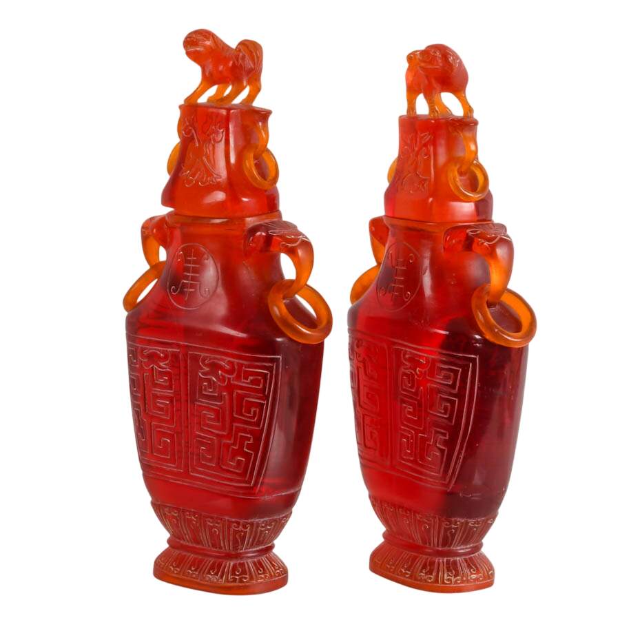 Pair of Chinese Cherry Resin Lidded Vases-3
