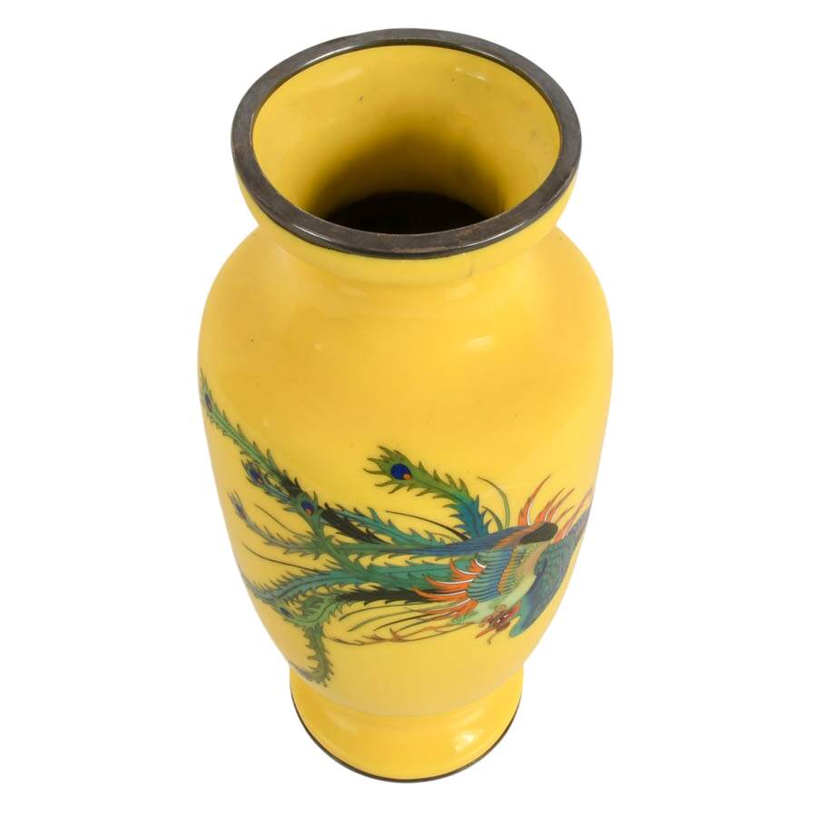 Japanese Shippo Enamel Cloisonné Phoenix Vase with Pure Silver Rims-4