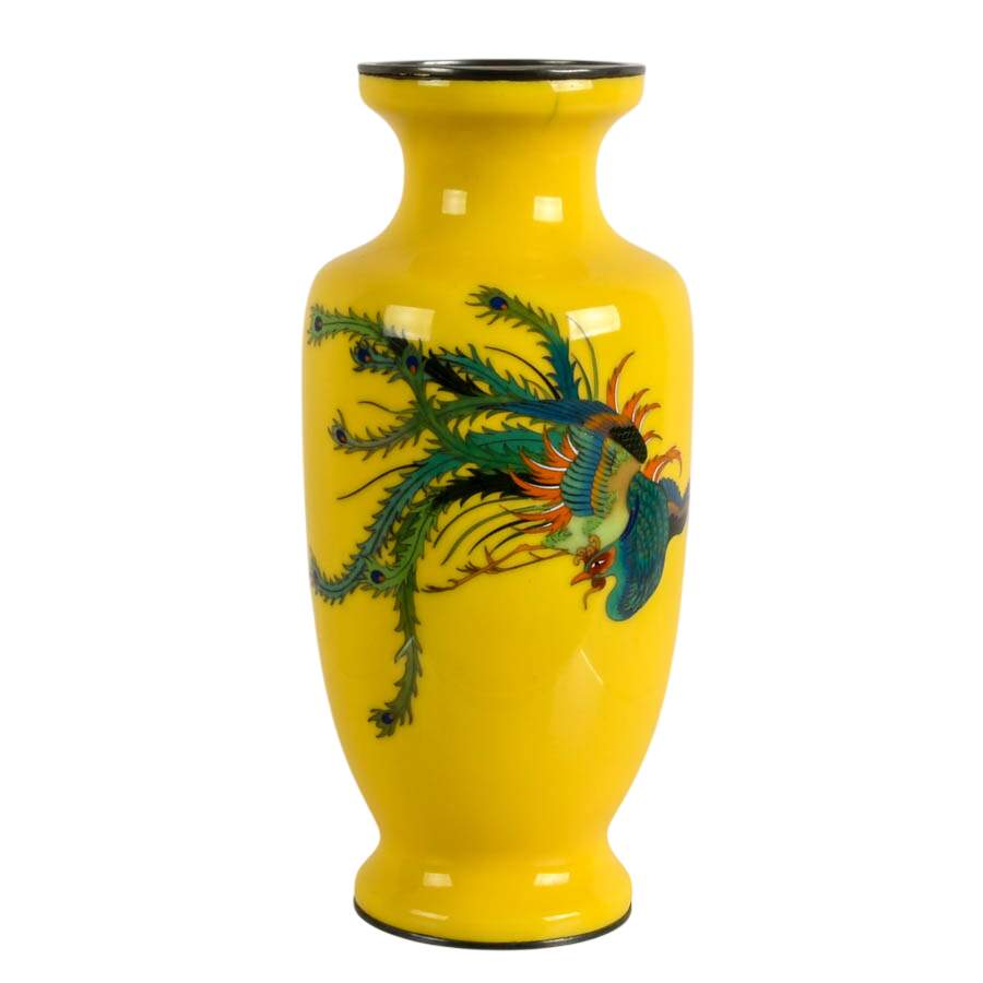 Japanese Shippo Enamel Cloisonné Phoenix Vase with Pure Silver Rims-1