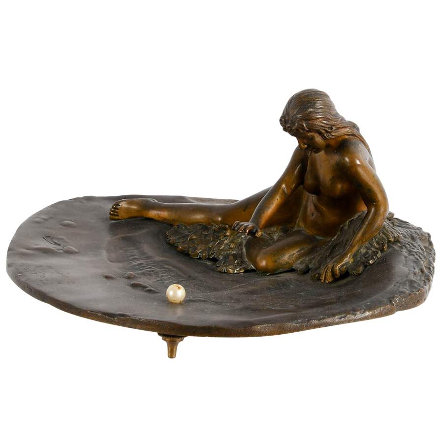 Bronze Art Nouveau Reclining Nude on Clam Form Vanity Tray-4
