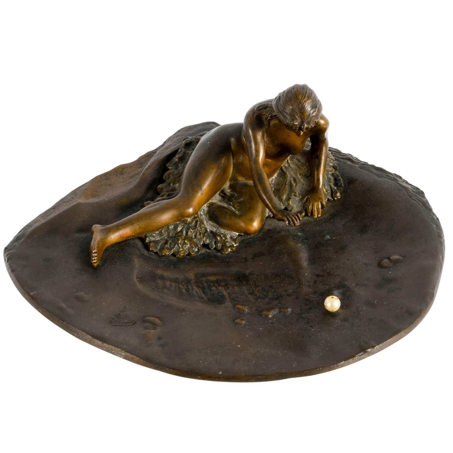 Bronze Art Nouveau Reclining Nude on Clam Form Vanity Tray-3