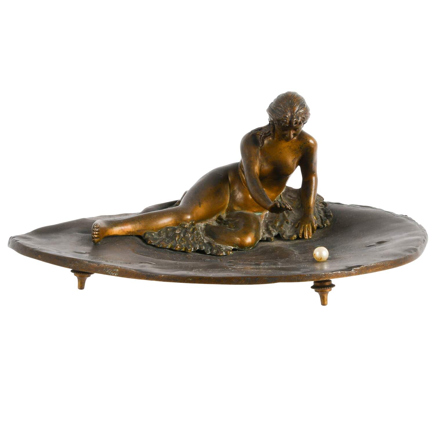 Bronze Art Nouveau Reclining Nude on Clam Form Vanity Tray-1