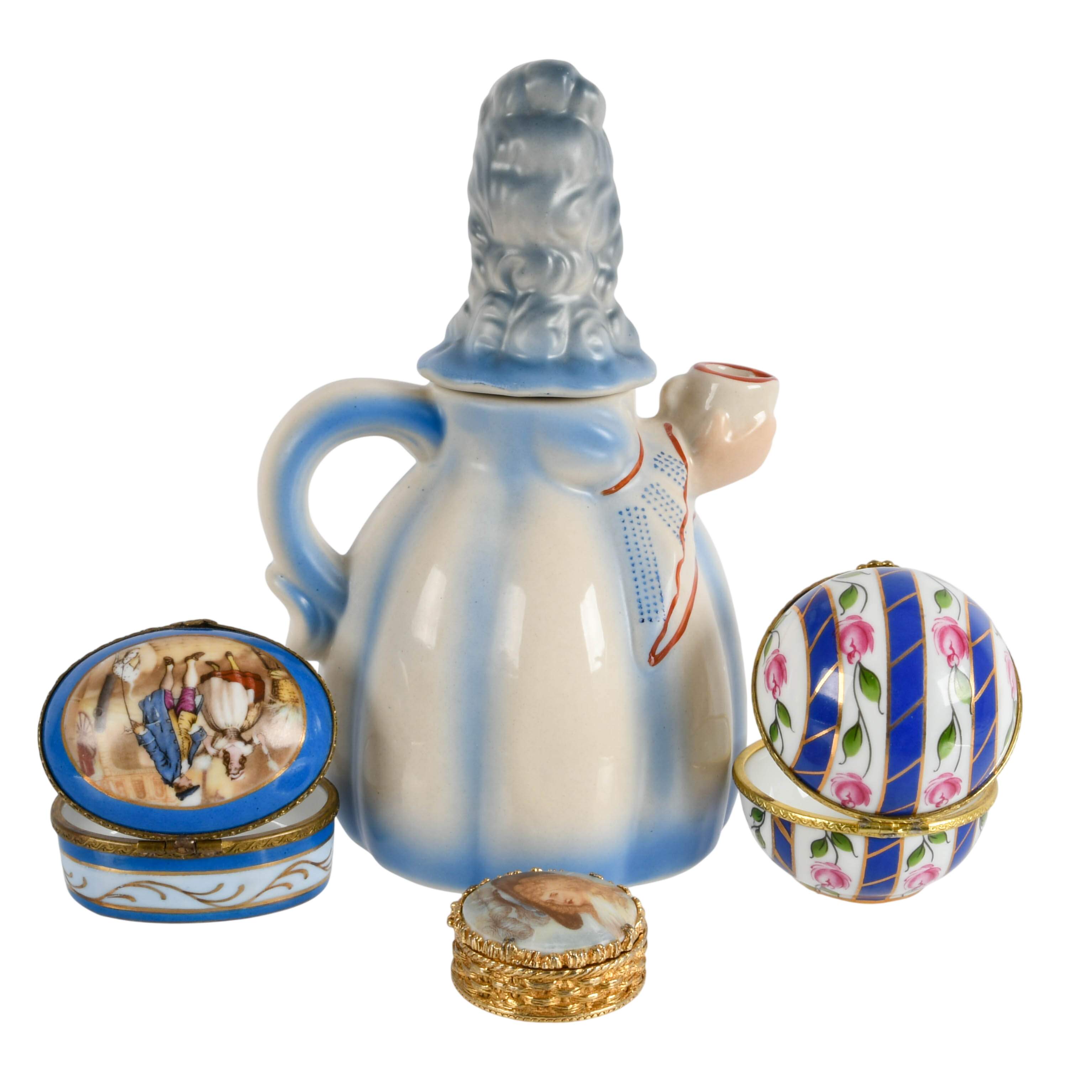 Ladies Items: Colonial Figural Cocoa Pot and 3 Trinket Boxes-9