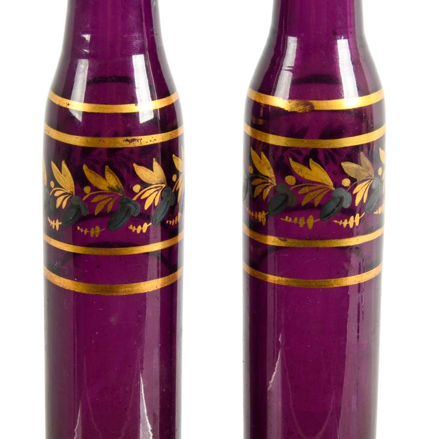 2 Georgian Dark Amethyst Glass Melissa Flasks in Bronze Cathedral Mounts-9