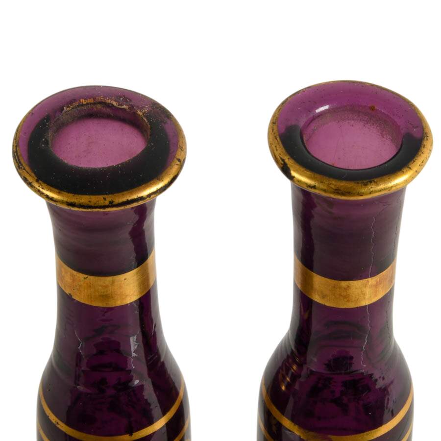 2 Georgian Dark Amethyst Glass Melissa Flasks in Bronze Cathedral Mounts-7