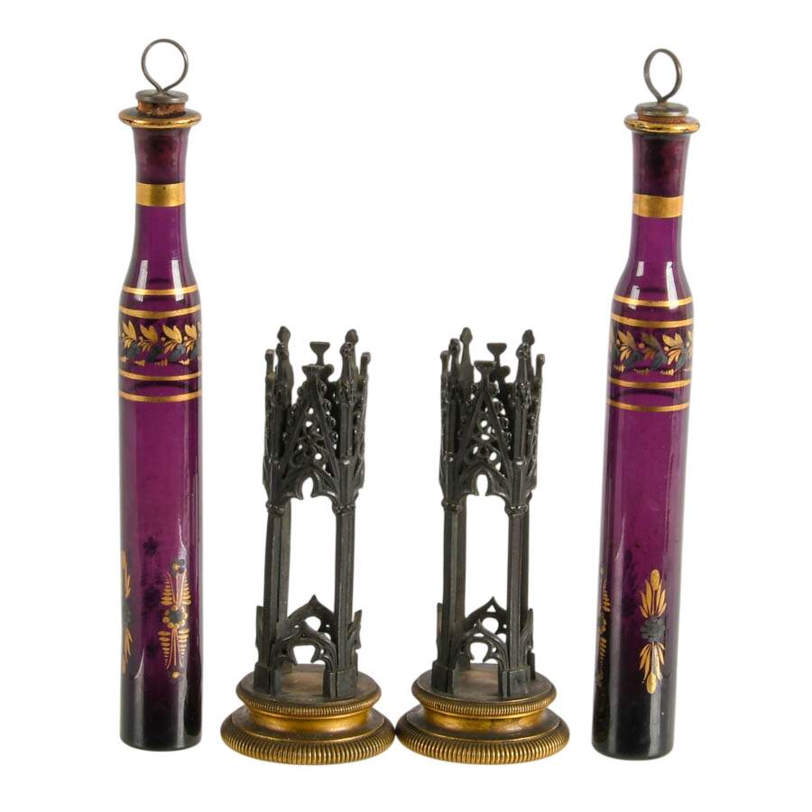 2 Georgian Dark Amethyst Glass Melissa Flasks in Bronze Cathedral Mounts-2