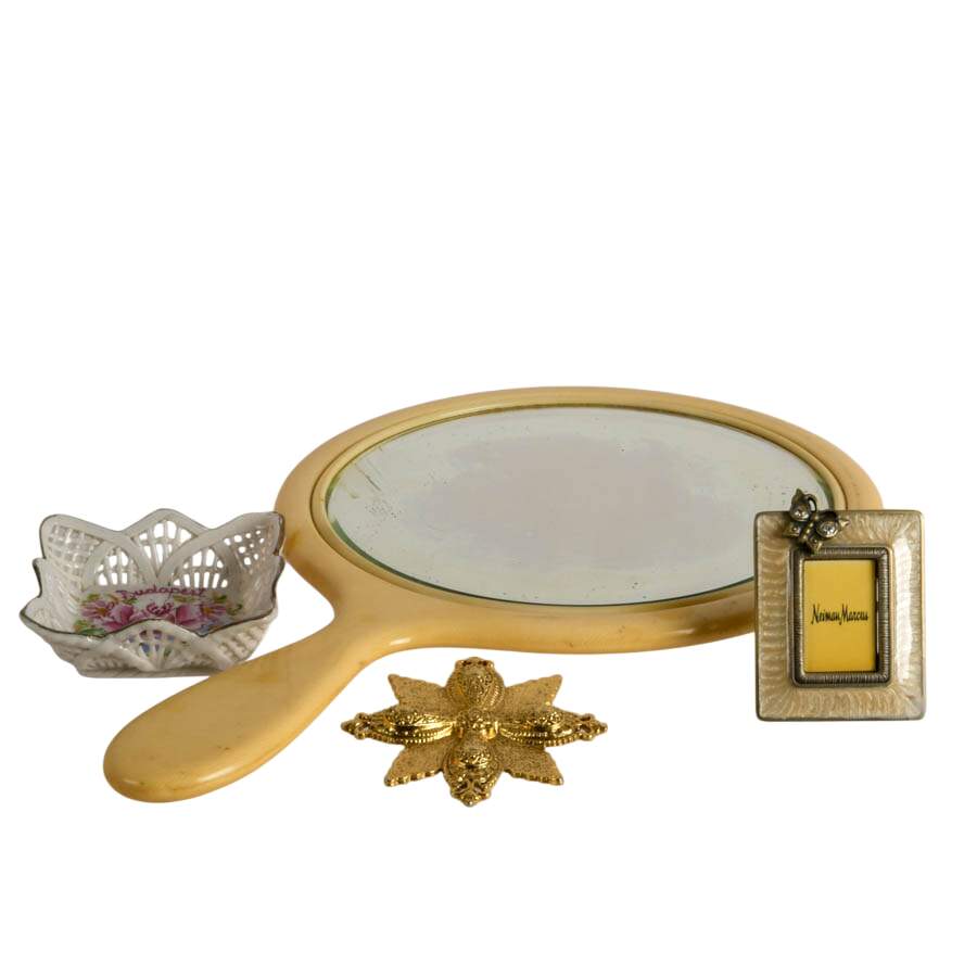 4-Piece Ladies Vanity Items: Neiman Marcus Frame and Ivorine Hand Mirror-1