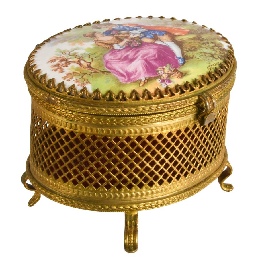 French-Style Mirrored Gilt Dresser Box with Porcelain Fragonard Scene Lid-5