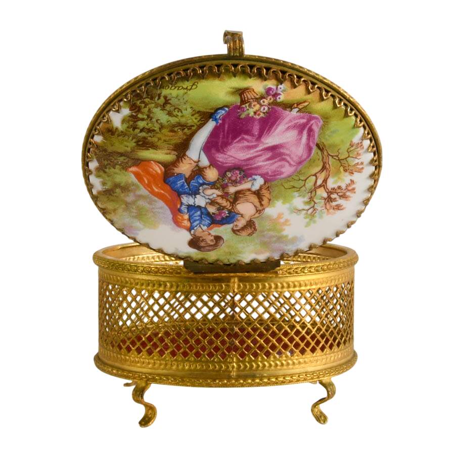 French-Style Mirrored Gilt Dresser Box with Porcelain Fragonard Scene Lid-4