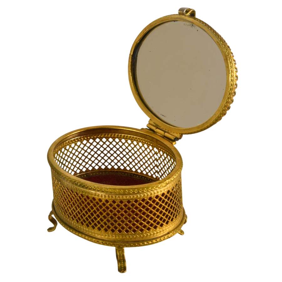 French-Style Mirrored Gilt Dresser Box with Porcelain Fragonard Scene Lid-3