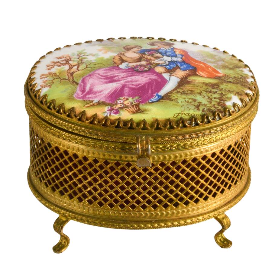 French-Style Mirrored Gilt Dresser Box with Porcelain Fragonard Scene Lid-1