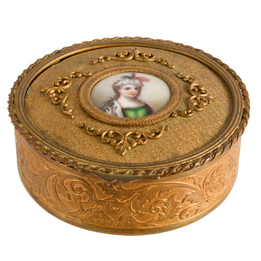 Vintage French Gilt Metal Miniature Portrait Jewelry Box-1
