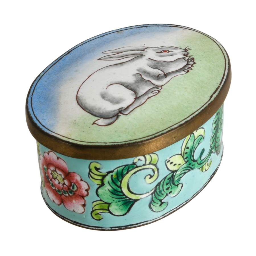 1940's Chinese Enameled White Rabbit Trinket Box with Lid-5