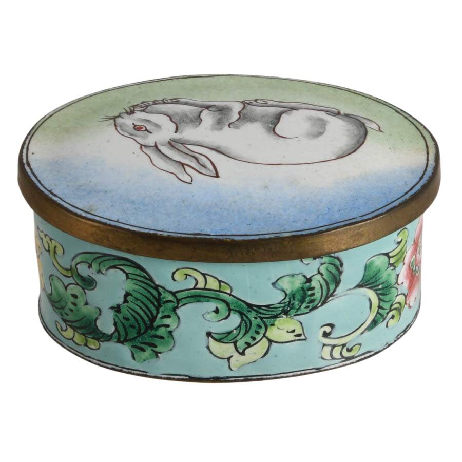 1940's Chinese Enameled White Rabbit Trinket Box with Lid-4
