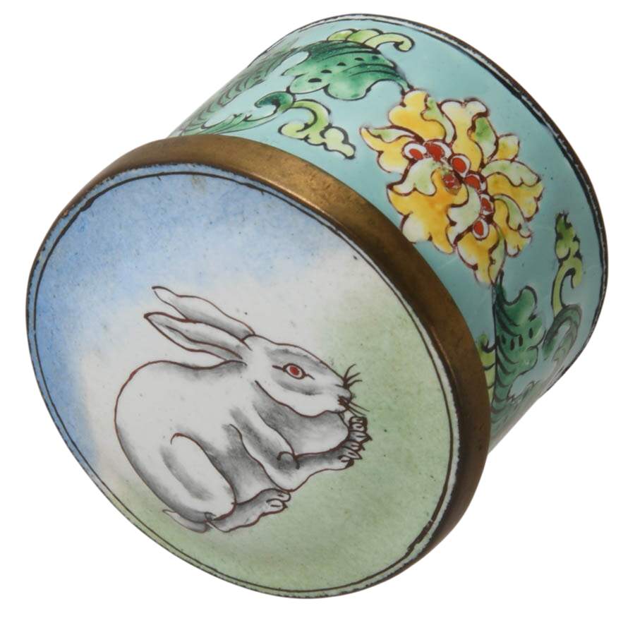 1940's Chinese Enameled White Rabbit Trinket Box with Lid-3