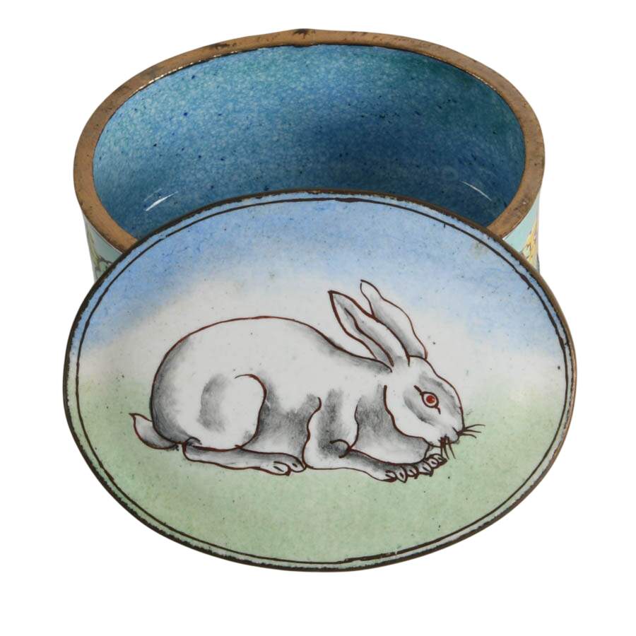 1940's Chinese Enameled White Rabbit Trinket Box with Lid-2
