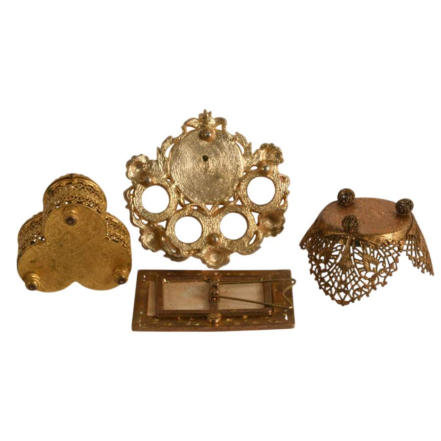 Four Piece Vintage Hollywood Regency Gold Filigree Vanity Set-10
