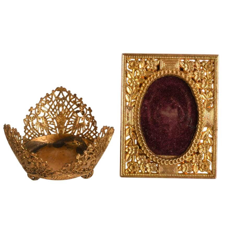 Four Piece Vintage Hollywood Regency Gold Filigree Vanity Set-2