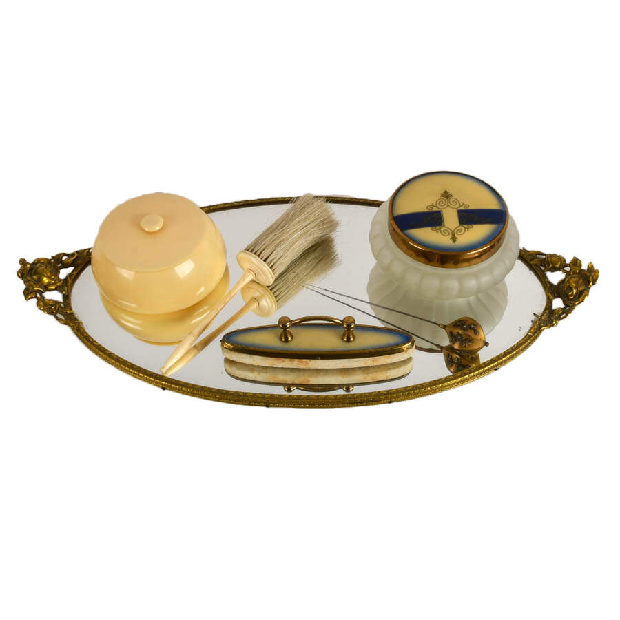 Vintage Hollywood Regency-Style Six Piece Ivory-Toned Vanity Set-1