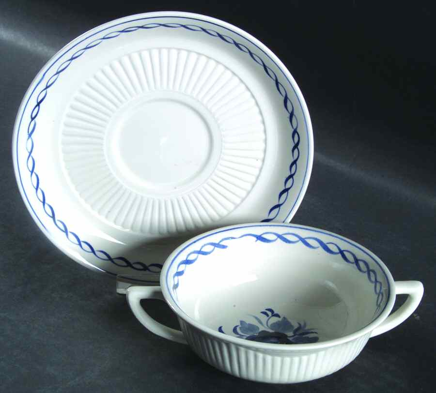 Baltic Blue (Newer, White) Flat Cream Soup Bowl & Saucer Set by Adams China-1